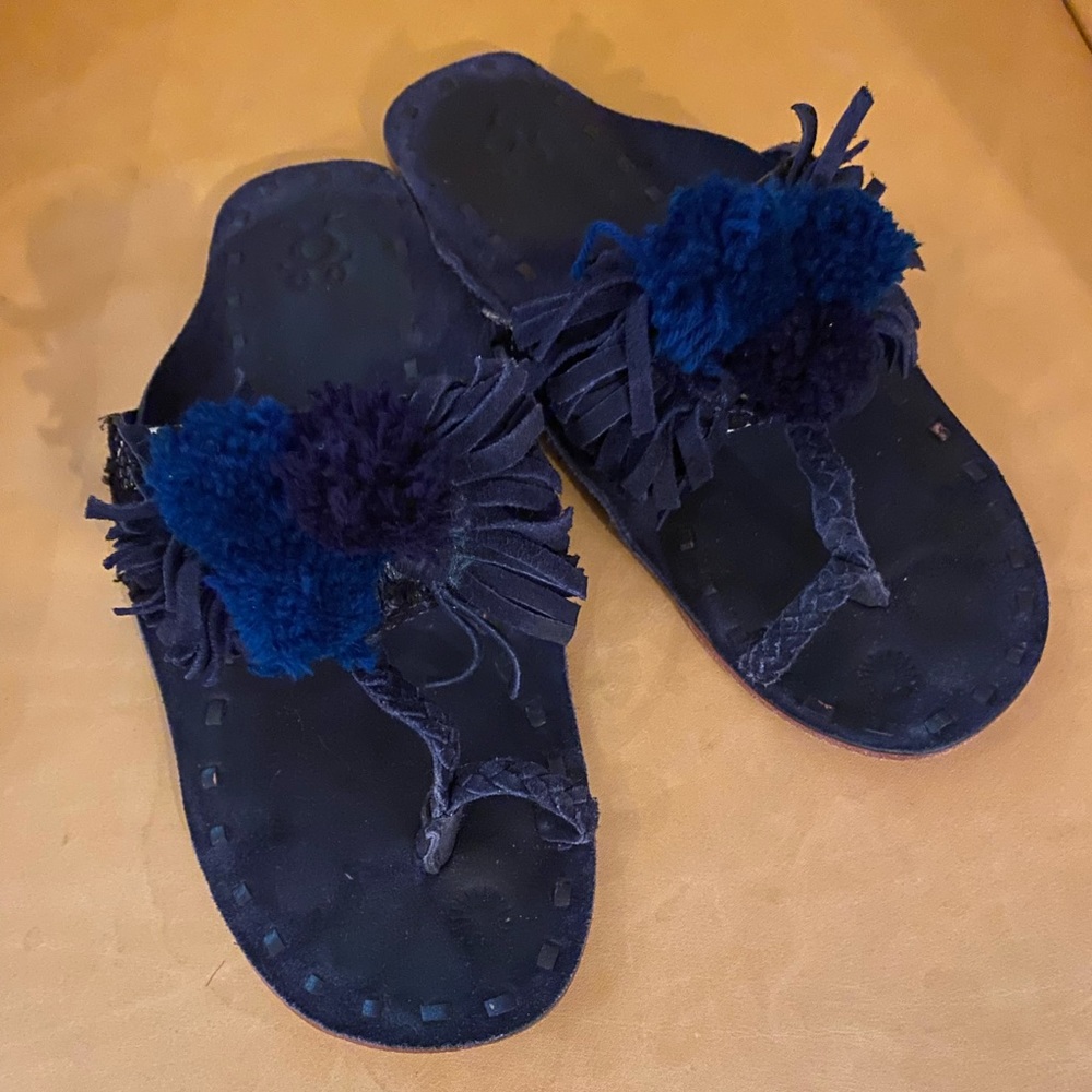 Navy Blue Figue Scaramouche Suese PomPom Sandals, size 7